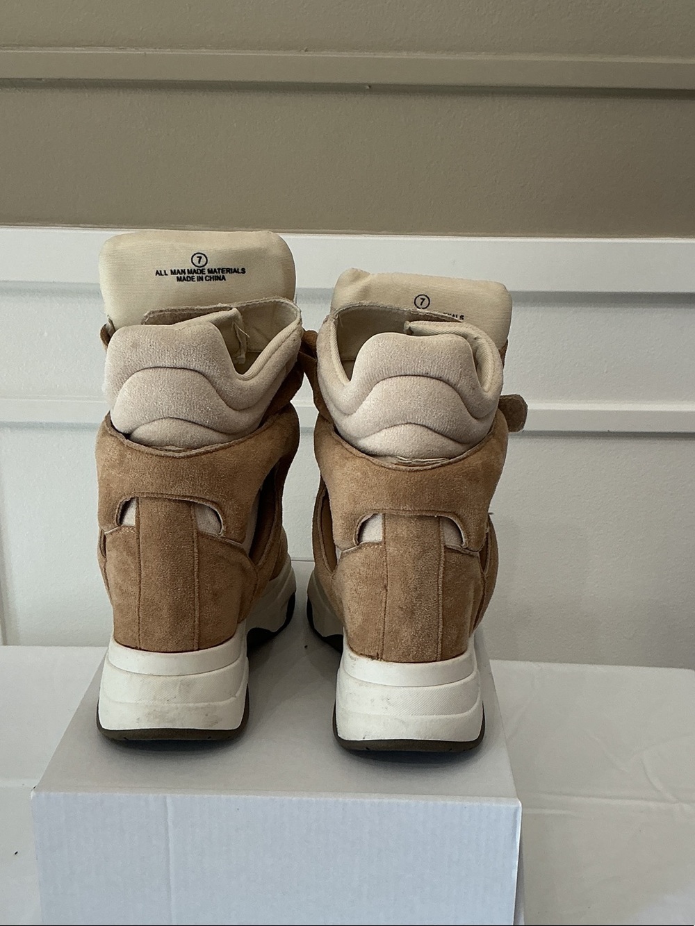 High-Top Suede Platform Sneakers in Tan and Cream - Women's - Picture 4 of 6
